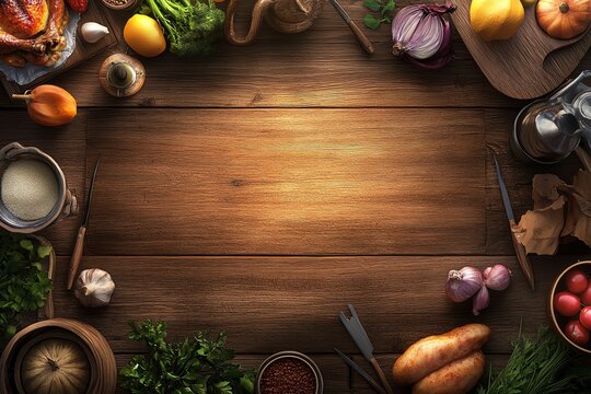 Arrangement of Fresh Ingredients on Wooden Surface Creating Space for Text