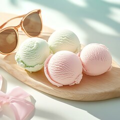 A delightful assortment of colorful ice cream scoops on a wooden platter, perfect for summer enjoyment. The elegant sunglasses add a stylish touch to the refreshing scene.