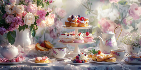 Classic Tea Party with Porcelain Teacups, Delicate Pastries, and Floral Elegance for Event Planning, High Tea Invitations, or Vintage-Themed Designs