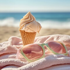 A refreshing ice cream cone rests on a beach towel, complemented by stylish sunglasses, embodying the essence of sunny summer days by the sea. Perfect for summer vibes.