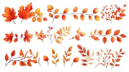 Autumn leaves collection, various shapes and colors, white background, fall foliage illustrations