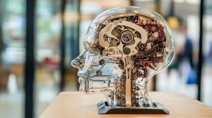Transparent robotic head sculpture showcasing intricate mechanics