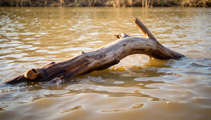 Obraz premium Driftwood log floating on calm water surface