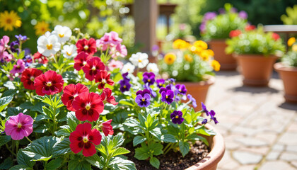 Naklejka premium Colorful flowers in pots on sunny patio