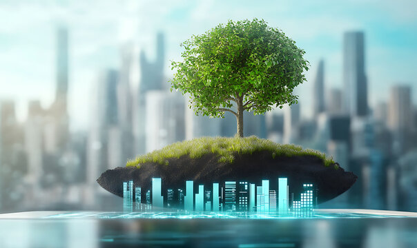 Futuristic eco friendly architectural design featuring a stylized tree growing on a floating island surrounded by a modern cityscape and highlighted with AI powered digital elements,