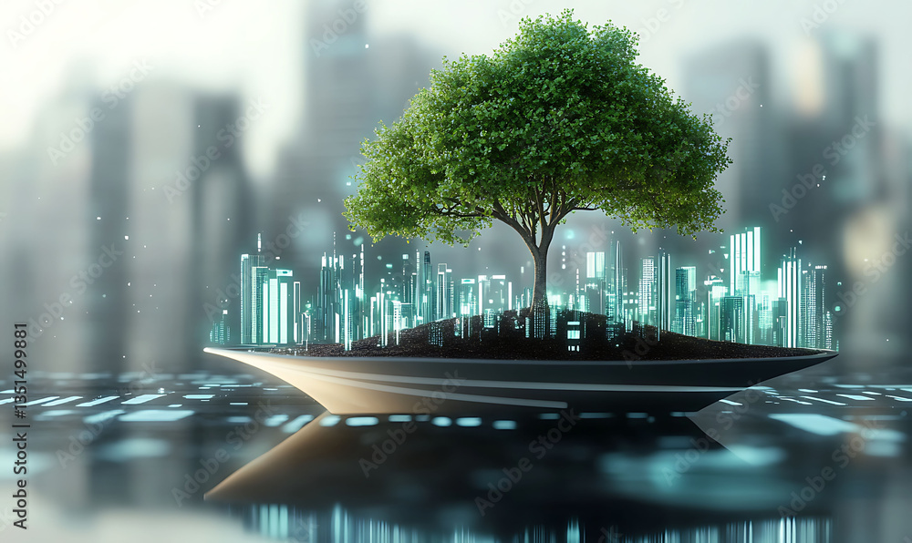 Poster futuristic eco friendly architectural design featuring a stylized tree growing on a floating island 
