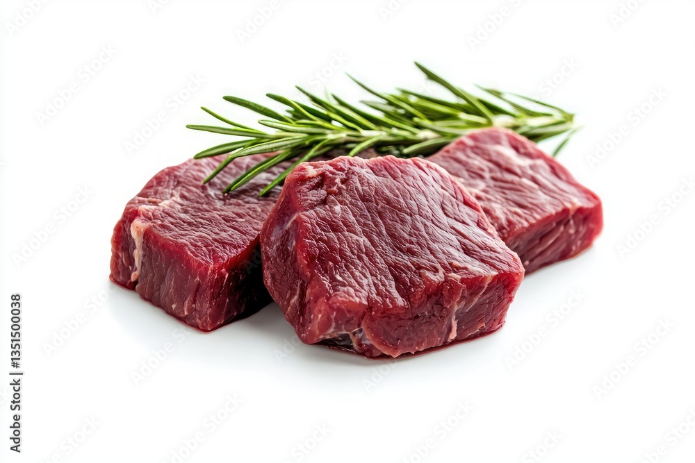 Poster three fresh raw beef steak cuts garnish with rosemary twigs displayed on a clean white surface simpl