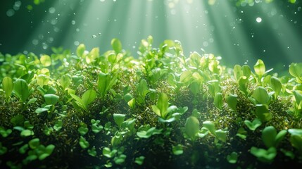 Fototapeta premium Lush Greenery Bathed in Sunlight with Sparkling Dew