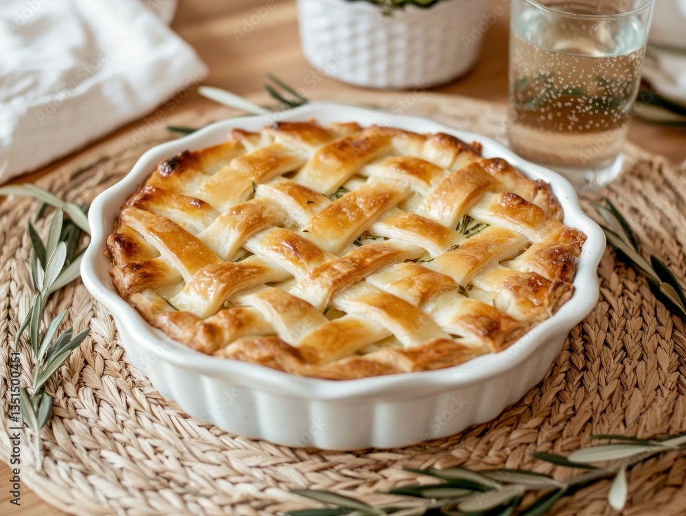Poster elegant zucchini pie with golden lattice crust served with sparkling drink on wicker placemat overhe