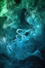 e. A hypnotic, softly glowing digital scene featuring translucent, floating plumes of smoke in shades of deep ocean blue and jade green. 