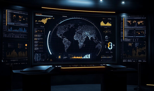 A high tech AI powered command center with a sleek dark themed interface displaying a global map real time data visualizations and advanced analytics for business intelligence and innovation, 