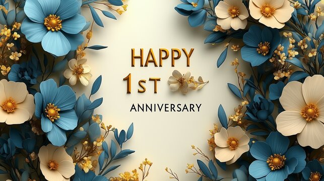 **"HAPPY 1ST ANNIVERSARY" in bold text on a white background, framed by elegant hand-painted floral elements in pastel tones, with a touch of golden shimmer.
