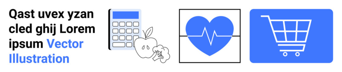 Calculator with an apple, heart monitor icon, and shopping cart outline linked to health, budgeting, and digital shopping. Ideal for wellness, savings, retail, dieting finance lifestyle simple