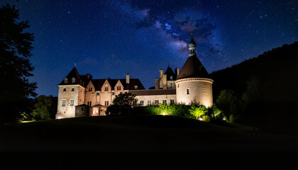 Castle illuminated at night against starry sky