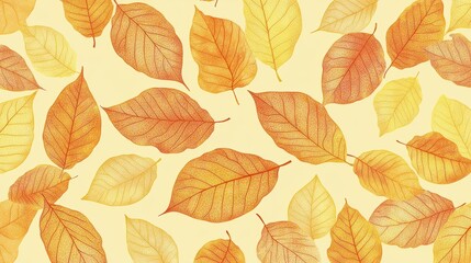 Obraz premium Golden Autumn Leaves Falling on Soft Yellow Background.