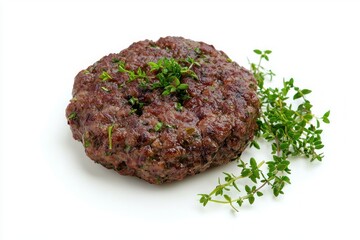 Delicious freshly prepared hamburger patty with vibrant thyme seasoning on pristine white surface for healthy culinary creations