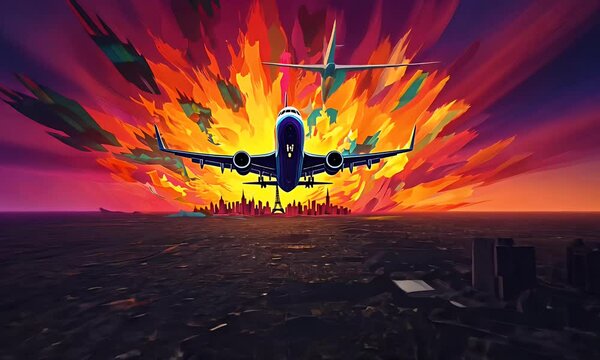 Vibrant artwork plane flying towards a city skyline, explosion of colorful sky