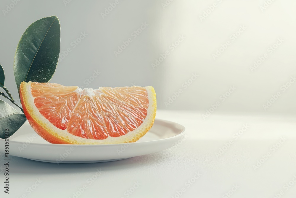Poster Studio shot of sliced ruby red grapefruit on a white plate with leaves against light background.