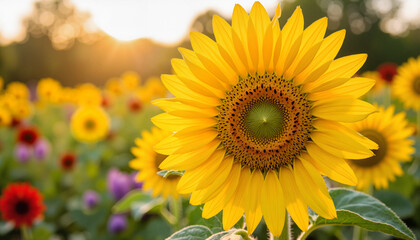 Bright sunflower blooming in a vibrant flower field