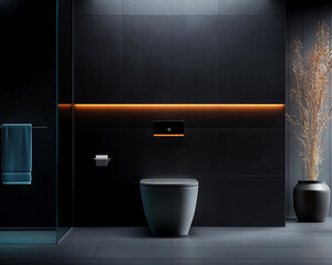  Luxurious High tech Bathroom featuring a Touchless Smart Toilet in a Sleek and Minimal Modern Interior Design with Moody Lighting and Contrasting Decor Elements, 