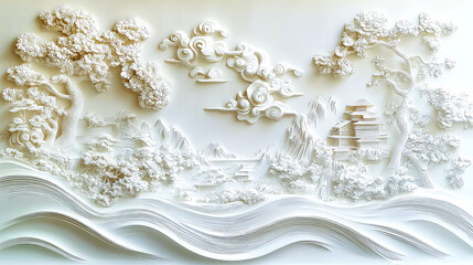 Serene White Landscape: Japanese Temple, Trees, Clouds, and Waves Relief Sculpture