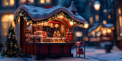 Obraz premium Charming wooden Christmas market stall decorated with bright string lights and topped with fresh snow creates a perfect holiday scene.