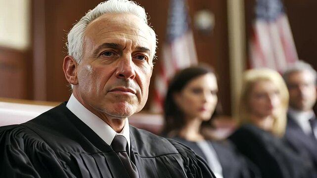 Judging a verdict with a neutral expression in the courtroom