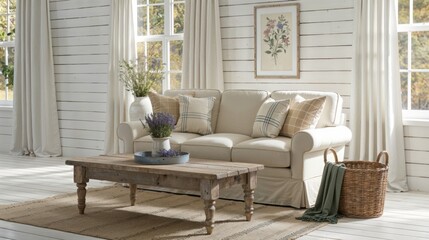 Fototapeta premium Generative AI, Farmhouse living room with cream sofa and rustic decor
