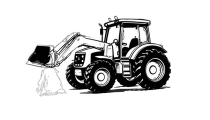 Fototapeta premium An image of a farm tractor with a front loader on a white backdrop is included in this simple, monochromatic logo.