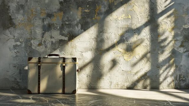 Vintage Suitcase Against Textured Wall Play of Light and Shadow Evoking Travel and Adventure in Interior Design