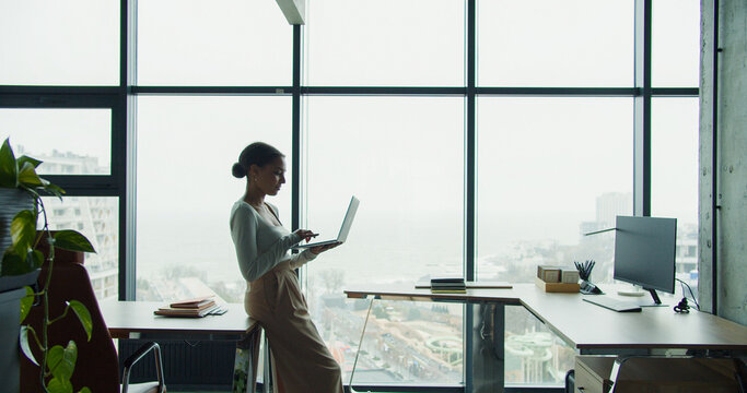 A young professional woman working on a laptop in a modern office with large windows and a scenic view, embodying focus, productivity, and a contemporary workspace atmosphere