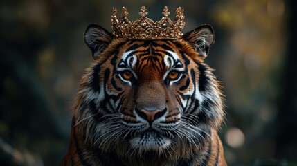 Majestic tiger wearing a crown in a lush forest