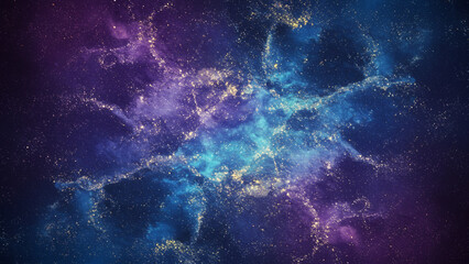 A striking and textured abstract background characterized by a cosmic array of blue and purple shades, akin to the beauty of a nebula or galaxy