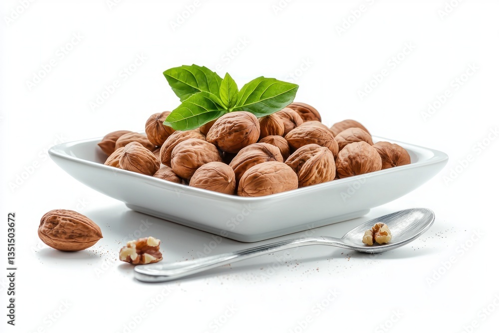 Poster captivating still life composition of walnuts in white bowl with basil leaves and spoon on white bac