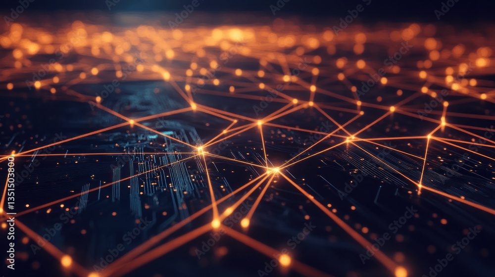 Poster abstract digital network with glowing nodes and interconnected lines at night