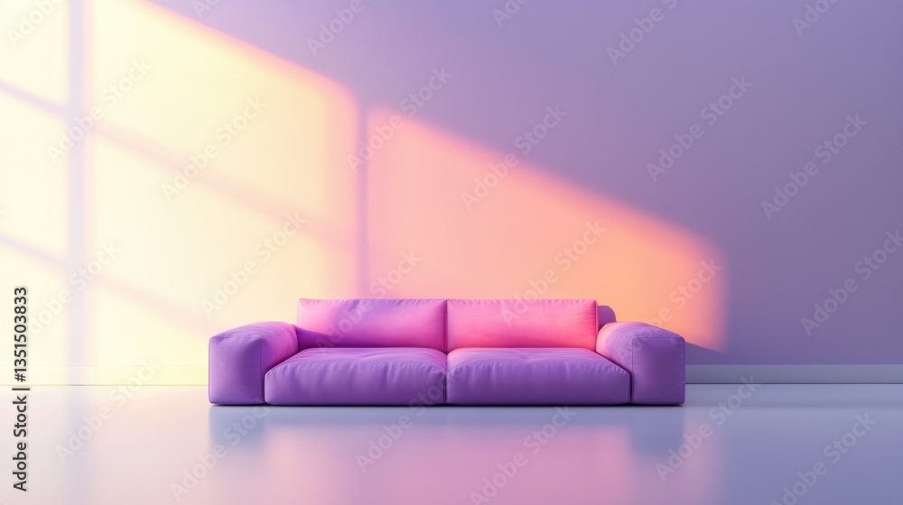 Aufkleber soft magenta sofa bathed in warm light casting shadows against pale purple wall creating inviting mo