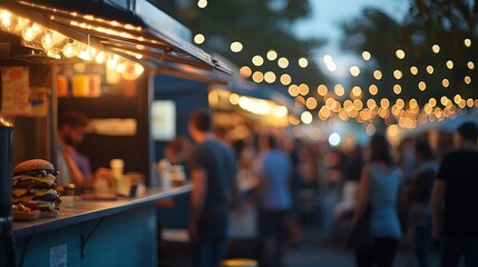 Street Food Truck at Night Market with Hanging String Lights