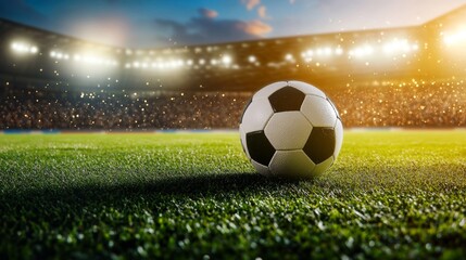 Fototapeta premium Soccer Ball on Green Field in Stadium with Bright Stadium Lights