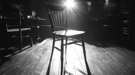 In the dimly lit backstage of a theater, a single bare bulb casts long shadows across the velvet curtains and the worn leather of the director's chair, hinting at the magic that will soon unfold 