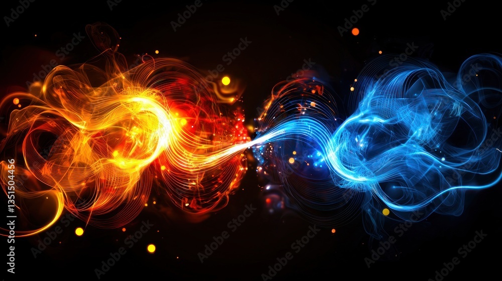 Aufkleber fiery synergy dynamic abstract art with vibrant orange and blue energy flowing on a black canvas