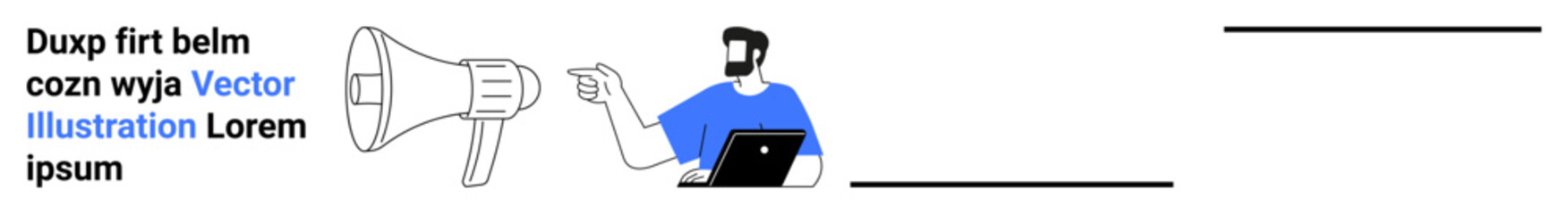Man with laptop gestures toward megaphone, emphasizing digital marketing, announcements, feedback, online promotions, campaigns, public speaking, and branding. Ideal for flat landing page banner