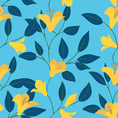 Vector Seamless Pattern Yellow Flowers on Leaves Vines 