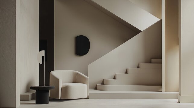 Elegant staircase in beige room featuring minimal interior design chair and table composition aesthetic neutral style