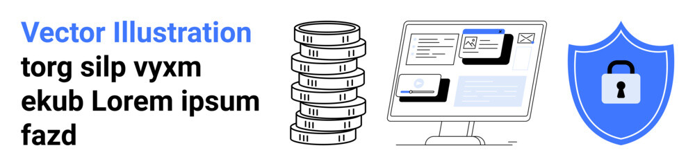 Stack of coins, computer screen with data layout, and shield with lock symbol. Ideal for cybersecurity, data storage, financial systems, technology, online security, fintech simple landing page