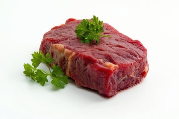 Raw beef steak adorned with vibrant parsley on a clean white background showcasing fresh uncooked meat