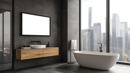 Modern bathroom interior featuring a freestanding tub and city skyline view