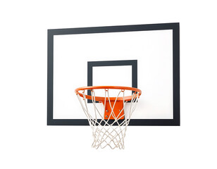 Basketball hoop with backboard, orange rim, and white net