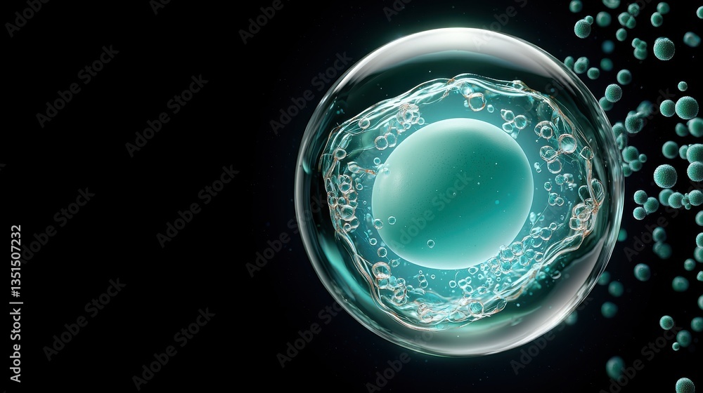 Poster microscopic view of a cell with bubbles in a dark background.