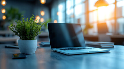Laptop with indoor plant on wooden desk in sunlit modern workspace. Minimalist home office setup with natural elements for remote work and digital productivity concept