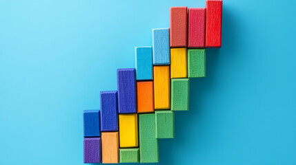 Colorful wooden blocks arranged in the shape of an upward-trending graph, representing growth and success on a blue background.